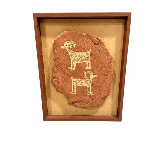 Vintage Fremont Petroglyph slab rock animal carvings framed wall free standing - Picture 1 of 13